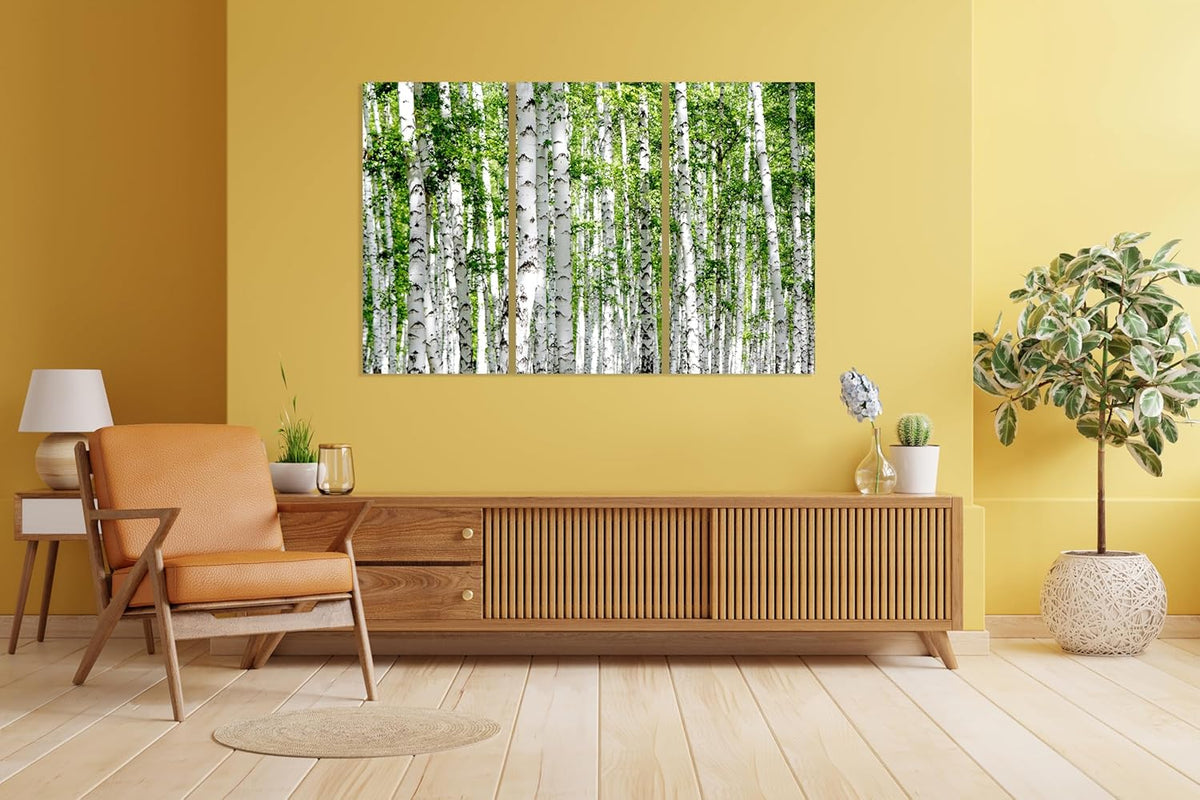 Nature Wall Art Prints - Ocean Forest Mountain Lake Canvas Landscapes - Small to Extra Large Living Room Bedroom Kitchen Bathroom Décor (Green Brich Trees, 39L" x 59W" - 3 Panels)