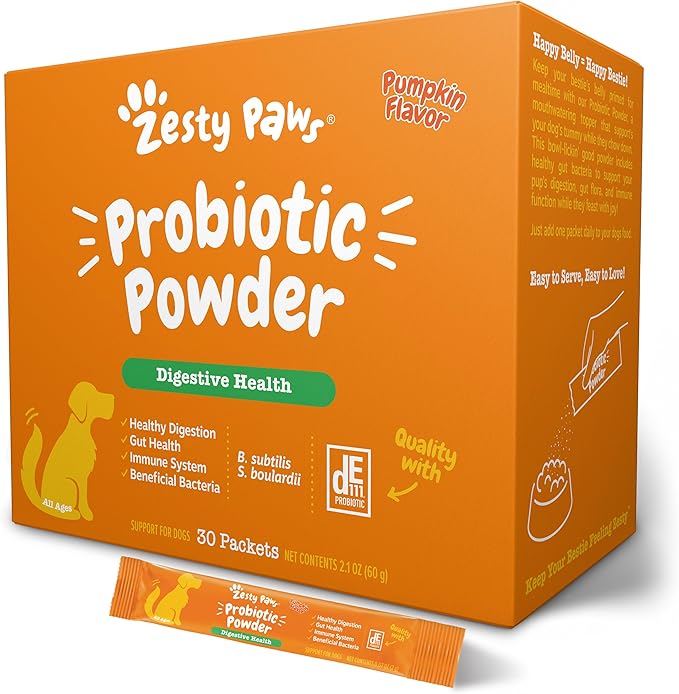 Zesty Paws Powder Probiotics for Dogs - Meal Topper for Digestive, Immune System Support - Premium DE111 Dog Probiotics for Digestive Health - Inulin Fiber & Yeast Extract - Pumpkin Flavor - 30 Ct