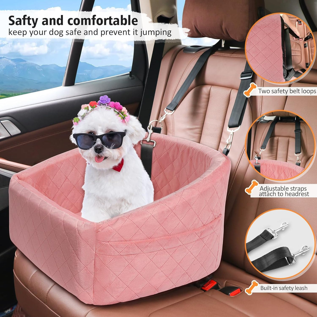 Dog Car Seat for Small Medium Dogs,Detachable Washable Dog Booster Seat Under 30lbs, Pet Car Seats Travel Bed with Storage Pockets and Safety Belt(Pink)