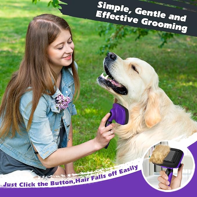 3PCS Self Cleaning Slicker Brush & Pet Grooming Rake & Bath Brush for Dogs,Cats and Horses | Double-Sided Dematting Comb & Skin Friendly Deshedding Grooming Tool | Pet Supplies (Purple Black)