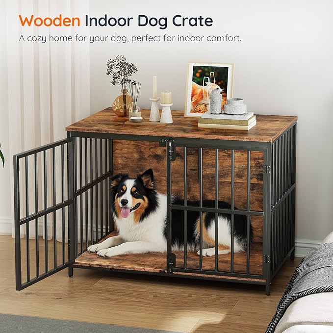 HOOBRO 38.6" Dog Crate Furniture, Wooden Dog Kennel Indoor, Heavy Duty Dog Cage for Small/Medium Dog, Decorative Side End Table, Rustic Brown and Black BF100GW03