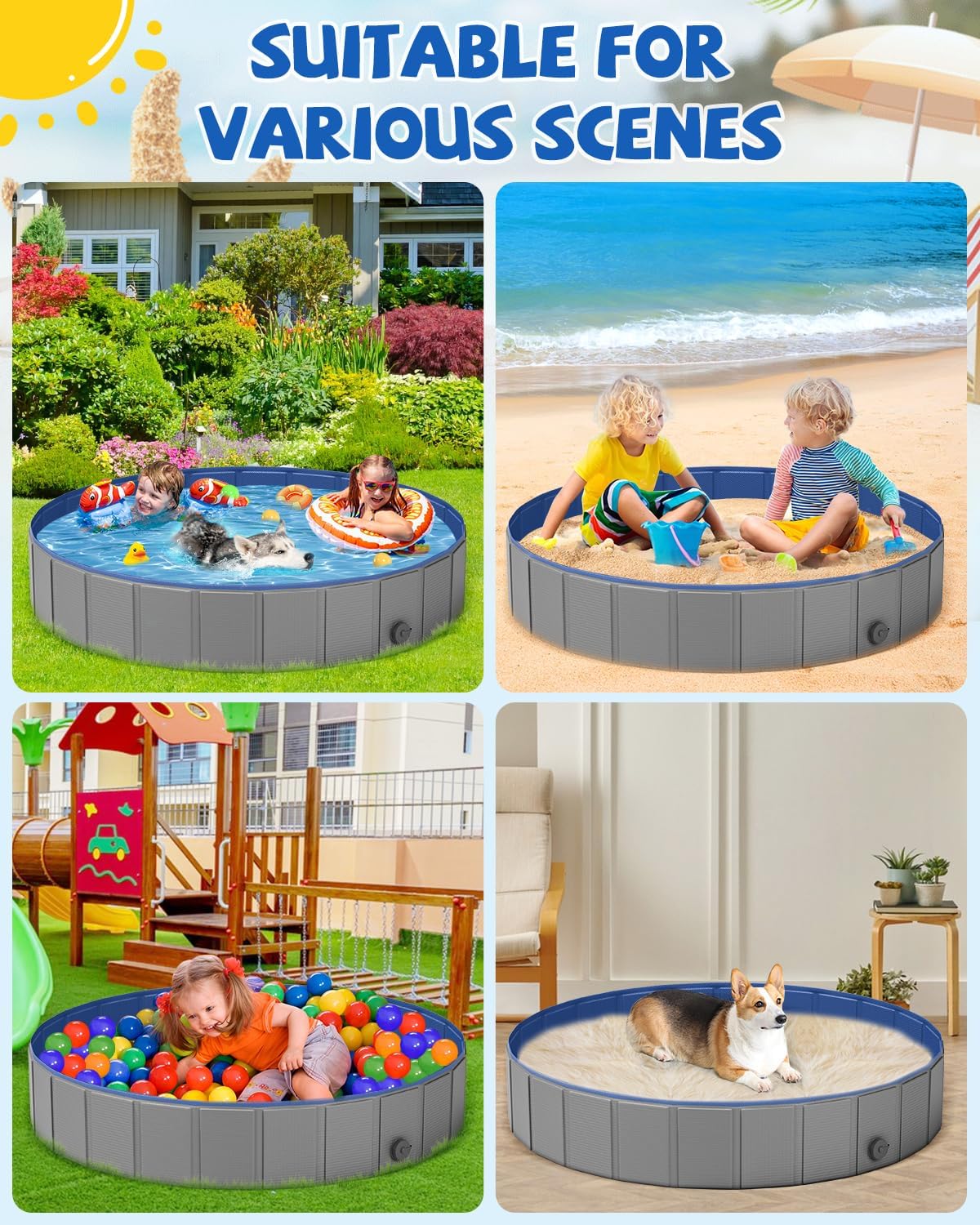 YSJILIDE Portable Dog Pool PVC Pet Swimming Bathtub Collapsible Hard Plastic Pool for Pets to Swim and Bath (L-48"x 12" Dark Grey)