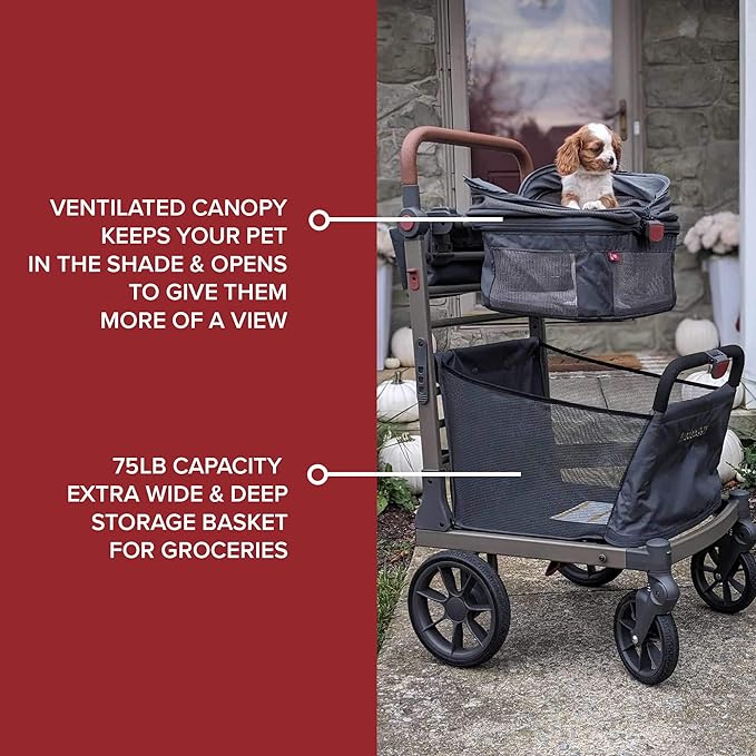 Pet Foldable Cart - Luxury Cat & Dog Stroller with Extra Large Shopping Basket, Cup Holders, & Ventilated Canopy - Easy Fold Pet Stroller for Cats & Dogs