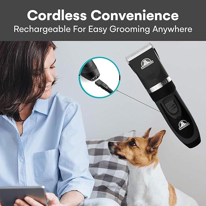 Pet Union Professional Dog Grooming Kit - Cordless Low Noise Dog Clippers for Grooming Thick Coats - All Pet Safe Cat Hair Trimmer - Pet Grooming Kit Includes Dog Hair Clippers, Nail Trimmer & Shears