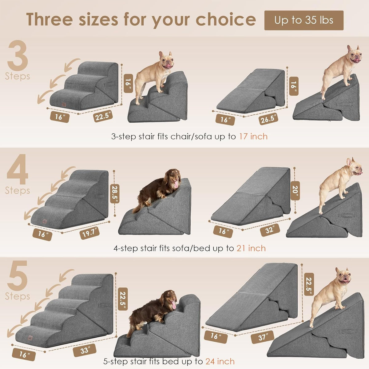 EHEYCIGA Curved Foldable Dog Stairs Ramp for High Beds 22.5" H, 5-Step Dog Steps for Small Dogs and Cats, Pet Stairs for High Bed Climbing, Non-Slip Balanced Pet Step Indoor, Grey