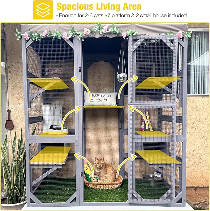 Aivituvin Catio Outdoor Cat Enclosure Large Cat House for Mulitiple Cats Walk in Kitty Cage with Tarp Roof 70"