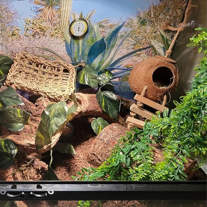 5PCS Coconut Hut for Gecko, Lizard Coco Den with Ladder and Reptile Hammock Bearded Dragon Tank Accessories Climbing Hanging Plants Jungle Vine Flexible Reptile Leaves Decor