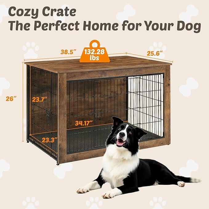 Dog Kennel Furniture, Wooden Dog Crate End Table, Heavy Duty Dog Crate, Decorative Pet Crate Dog Cage for Large Indoor Use (Rustic Brown) 39" L×26" W×27" H