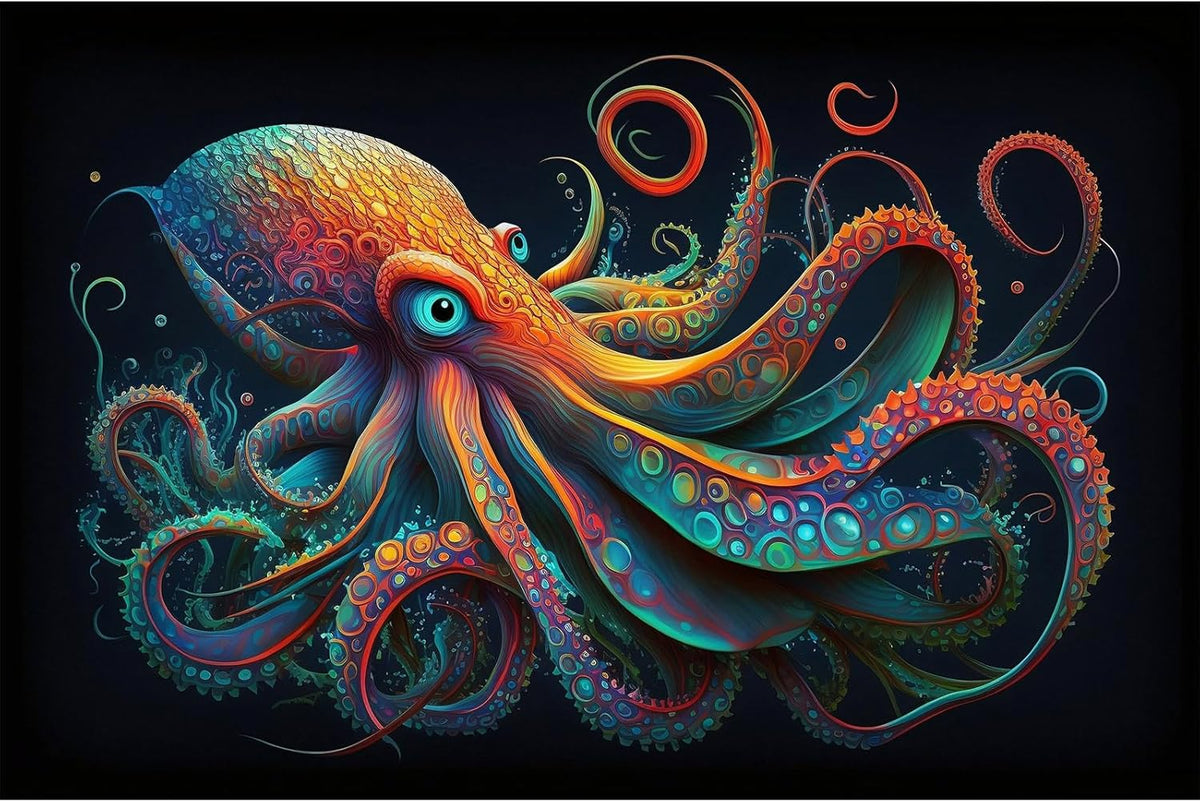 Octopus Aquarium Background Abstract Colorful Octopus Terrarium Background Glowing Octopus on Black Background Fish Tank Backdrop Poster Wallpaper Decorations Vinyl 36x20in