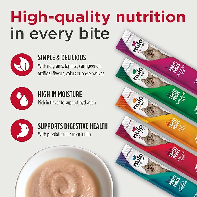 Nulo Freestyle Grain-Free Perfect Purees Premium Wet Cat Treats, Squeezable Meal Topper for Felines, High Moisture Content to Support Cat Hydration, 48 x 0.5 Oz, Chicken