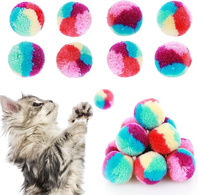1.2 in Colorful Cat Pom Pom Ball Toys, 20 Pcs Rainbow Cat Toy Balls Soft Plush Cat Ball Interactive Training Ball for Indoor Cats & Kittens