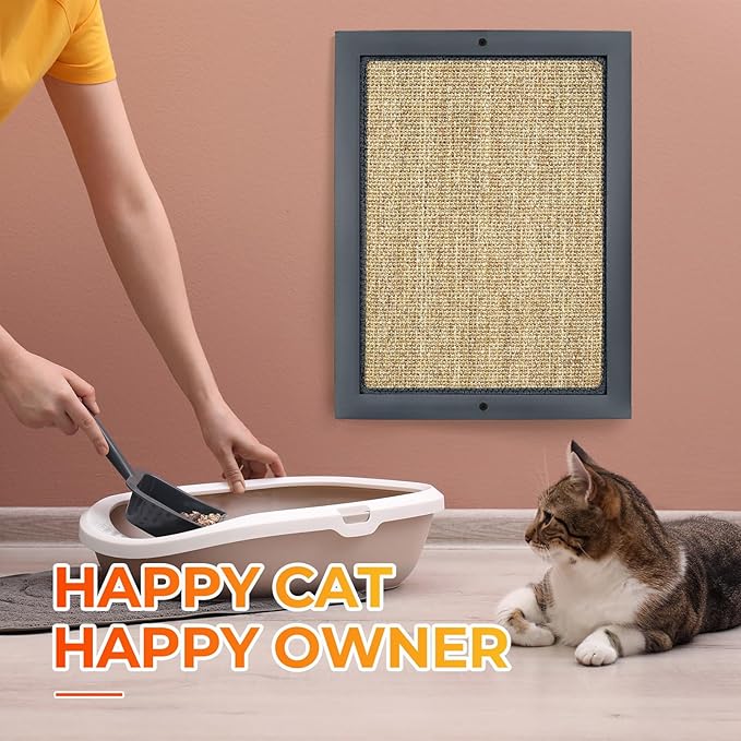 Cat Scratching Post, Natural Wooden Sisal Cat Wall Scratcher, Floor or Wall Mounted Vertical Cat Scratch Pad for Indoor Cats Adults or Kittens, Cat Wall Furniture Protector (Single Grey)