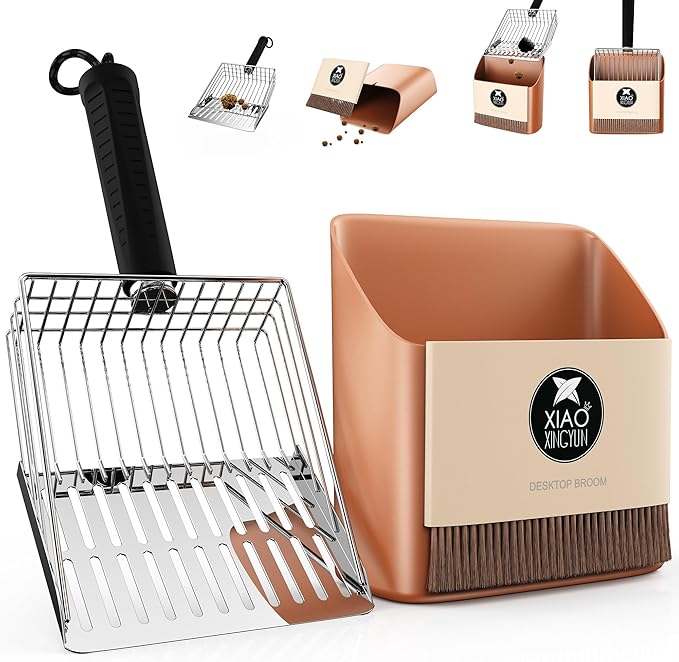 Cat Litter Scooper with Holder, Metal Litter Scoop Includes Portable Small Broom and Dustpan Set, Heavy Duty Stainless Steel Litter Scoop with Coarse and Fine Grid, Quick Sift and Easy Clean