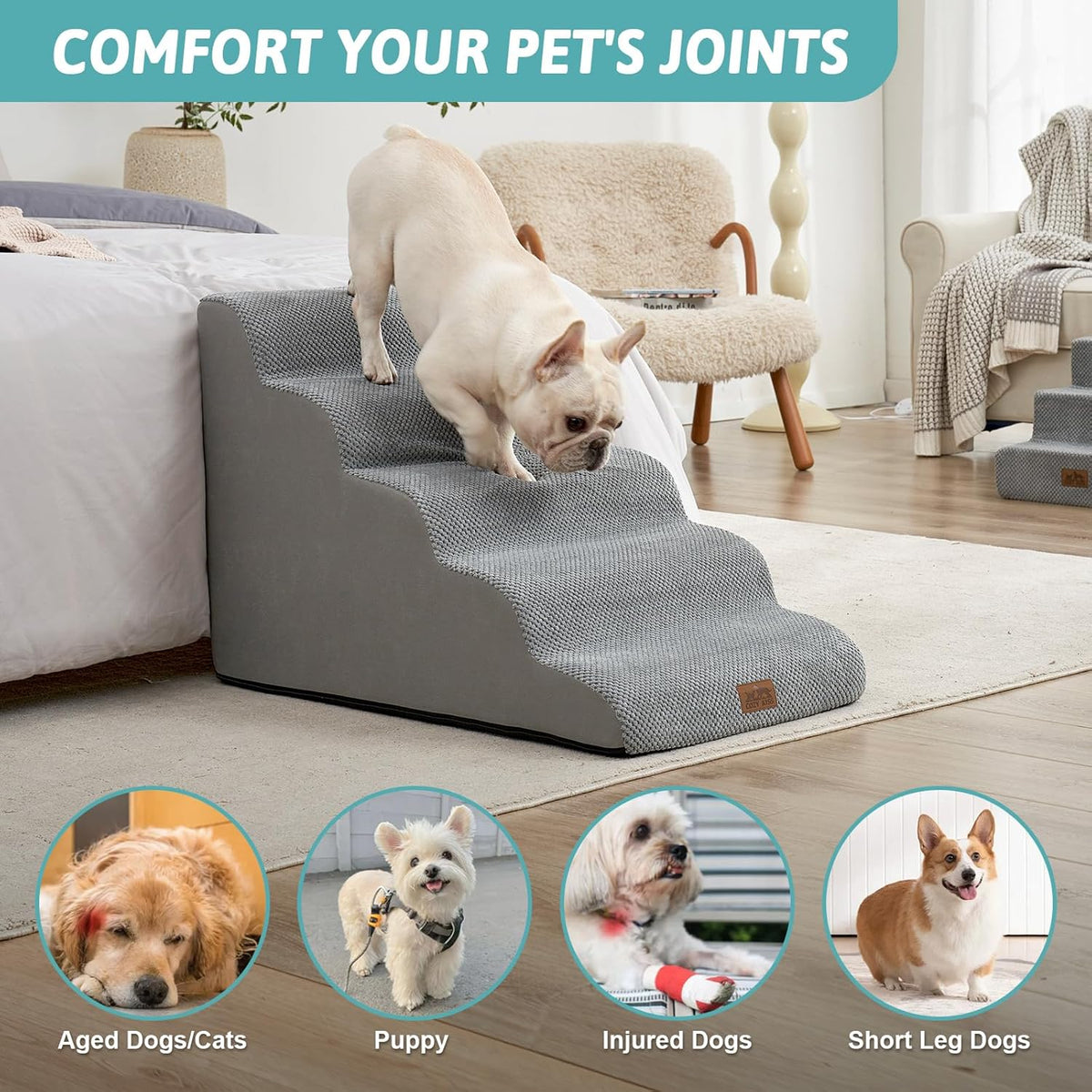 Wide Dog Stairs 19.7" Width, Pet Step for Small/Medium/Large Dog, Puppy or Cat, Pet Ramp for High Bed or Car, High Density Foam Ladder, 19.7x33x22.4 in, Stable, 5 Step, Grey