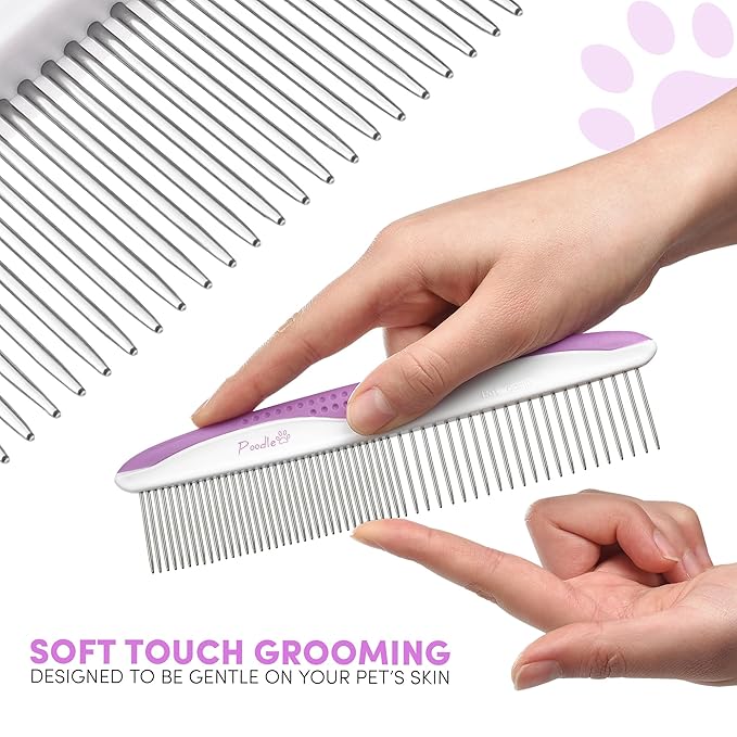 Poodle Pet Dog Combs for Grooming | 2 Pack | Stainless Steel Teeth Easily Remove Dirt | Proper Care Prevents Knots and Mats for Long and Short Haired Pets | Anti-Slip Comfort Grip Handle (Purple)