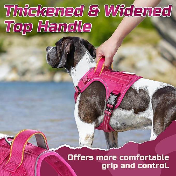 rabbitgoo Tactical Dog Harness for Small Dogs, No Pull Military Service Vest with Handle & Molle, Easy Control for Training Walking, Adjustable Reflective Straps, Rose Red, S