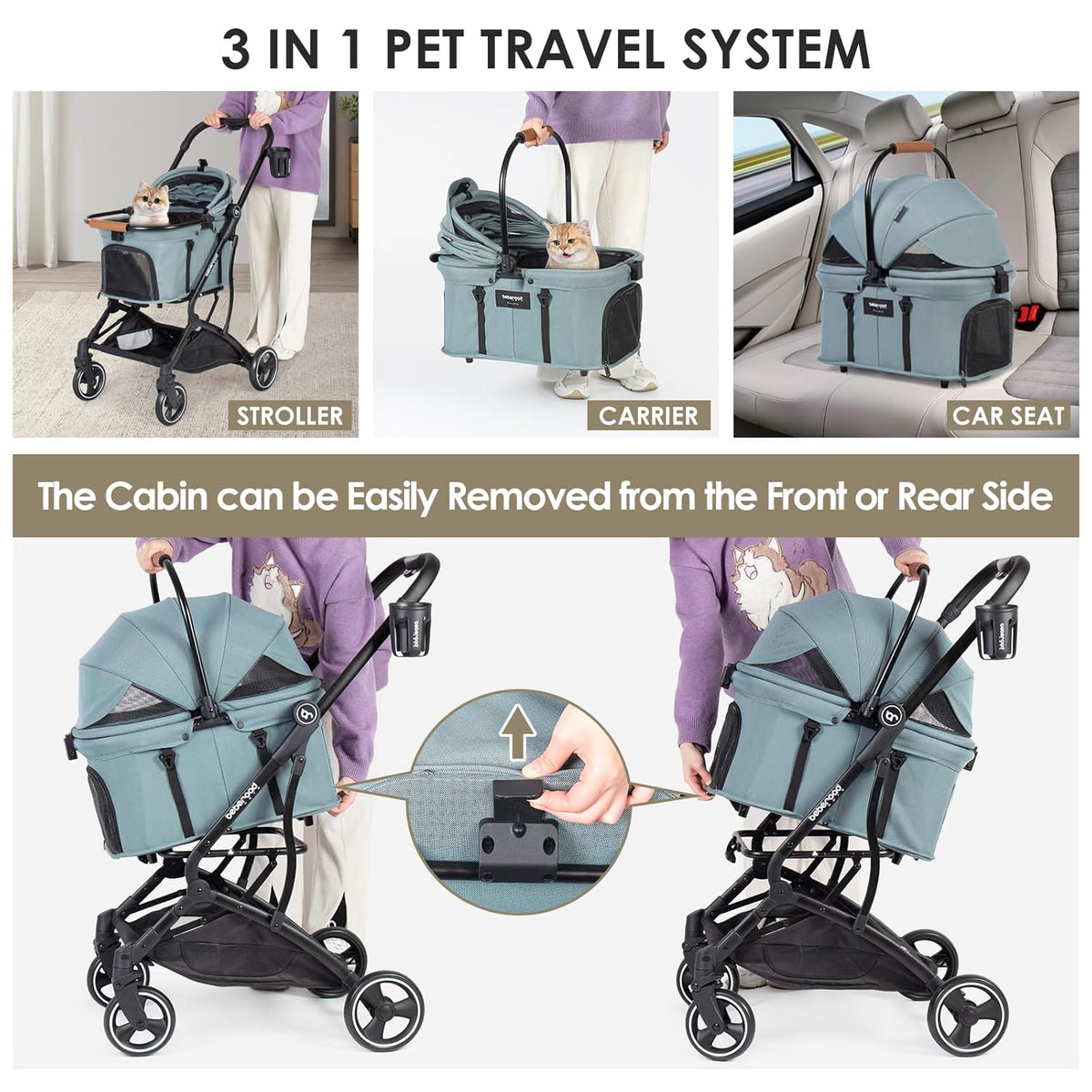 T3 3-in-1 Small Pet Stroller for Dog & Cats, 4 Wheels with Detachable Carrier with Pad, Canopy and Cup Holder (Green)