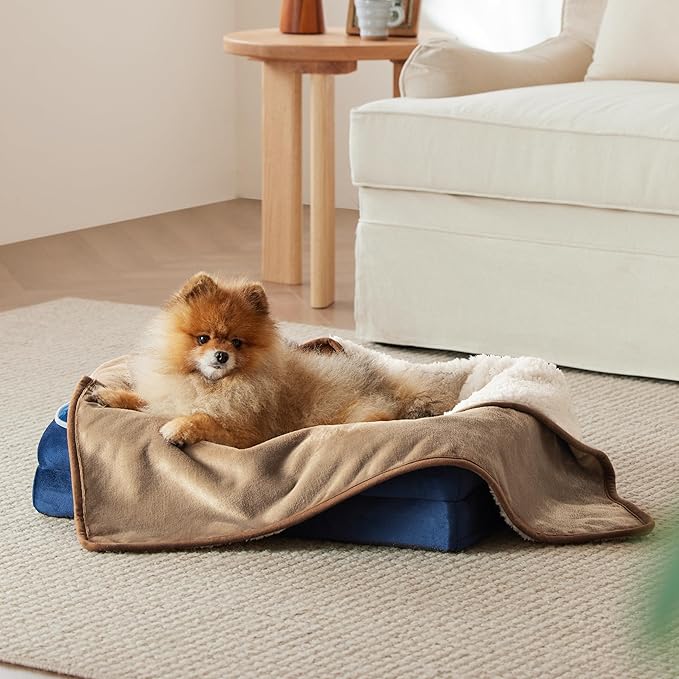 Bedsure Waterproof Dog Blankets for Small Dogs - Small Cat Blanket Washable for Couch Protection, Sherpa Fleece Puppy Blanket, Soft Plush Reversible Throw Furniture Protector, 25"X35", Camel