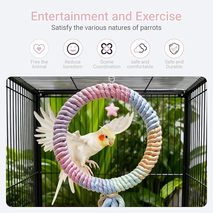 Bird Swing,Gradient Colorful Cotton Rope Bird Swing Cage Hanging Toys,Bird Cage Climbing Rope Toys Accessories,for Cockatiel Conure Cockatoo Parakeet Cage Hanging Decor(Round,Diameter:7.9")