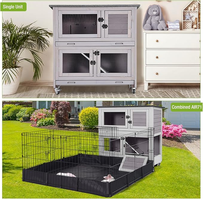 Gutinneen 2-Story Rabbit Hutch with Chew-Proof Ramp, 36" Indoor/Outdoor Rabbit Cage with 4 Casters & 2 Pull-Out Trays, Wooden Bunny Hutch Leakproof Small Animal Cage for Rabbits, Guinea Pigs