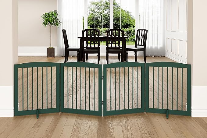 Freestanding Pet Gate for Dogs, Foldable Wooden Dog Gate for House, Indoor Dog Gate for Stairs, Doorways, Step Over Pet Puppy Safety Fence, 80 Inch Wide, 4 Panels 24", Green