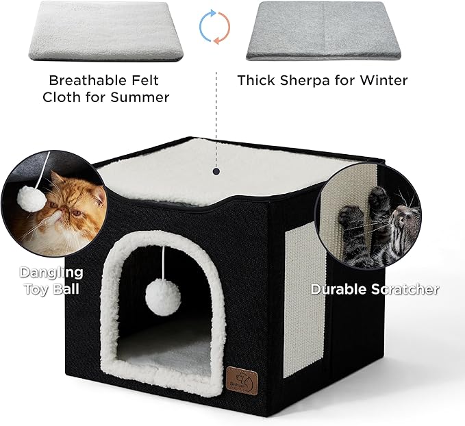 Bedsure Cat Beds for Indoor Cats - Large Cat Cave for Pet Cat House with Fluffy Ball Hanging and Scratch Pad, Foldable Cat Hideaway, 16.5x16.5x13 inches, Black