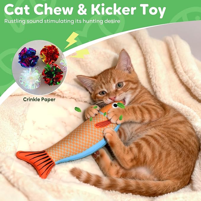 Catnip Toys Saury Fish, Cat & Kitten Chew Kicker Interactive Crinkle Toys for Bored Indoor Adult Cats & Kitten, Cat Gifts Teething Toys Soft and Durable for All Breeds