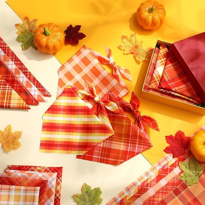 100 Pieces Fall Dog Bandanas Bulk Plaid Bandanas for Dogs Autumn Thanksgiving Soft Doggie Bibs Adjustable Triangle Scarves for Small Medium Large Pet Fall Autumn Costume