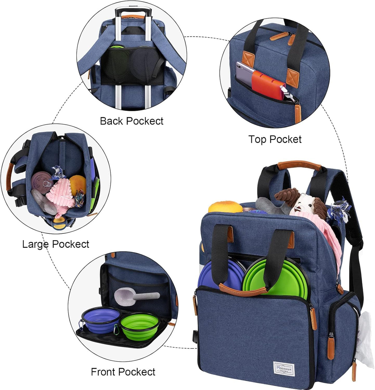 Modoker Dog Travel Bag - Airline Approved Backpack for Pet Accessories Organizer, Tote Weekend Bag with 2 Dog Food Containers, 2 Collapsible Bowls, 1 Pet Mat, Blue