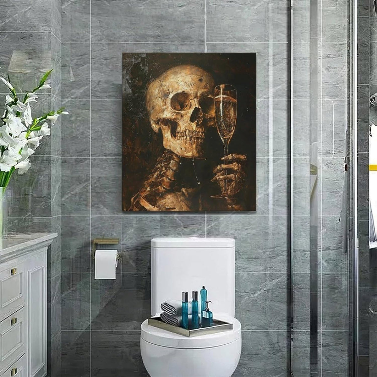 Quorin Gothic Skeleton Wall Art Goth Skull Champagne Wall Decor Dark Academia Pictures Horror Canvas Print Painting Artwork for Bathroom Living Room Bedroom 20"x24"