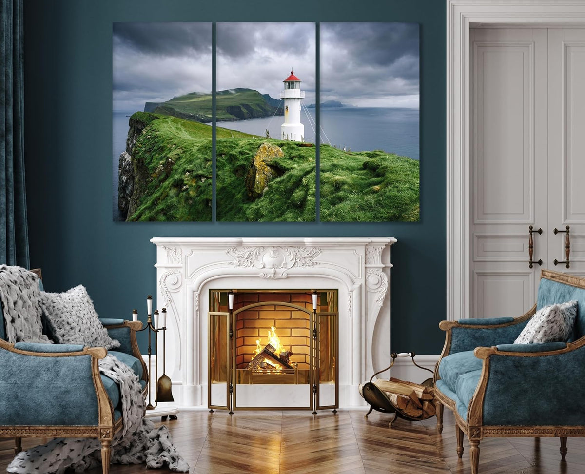 Nature Wall Art Prints - Ocean Forest Mountain Lake Canvas Landscapes - Small to Extra Large Living Room Bedroom Kitchen Bathroom Décor (Stormy Sky Lighthouse, 39L" x 59W" - 3 Panels)