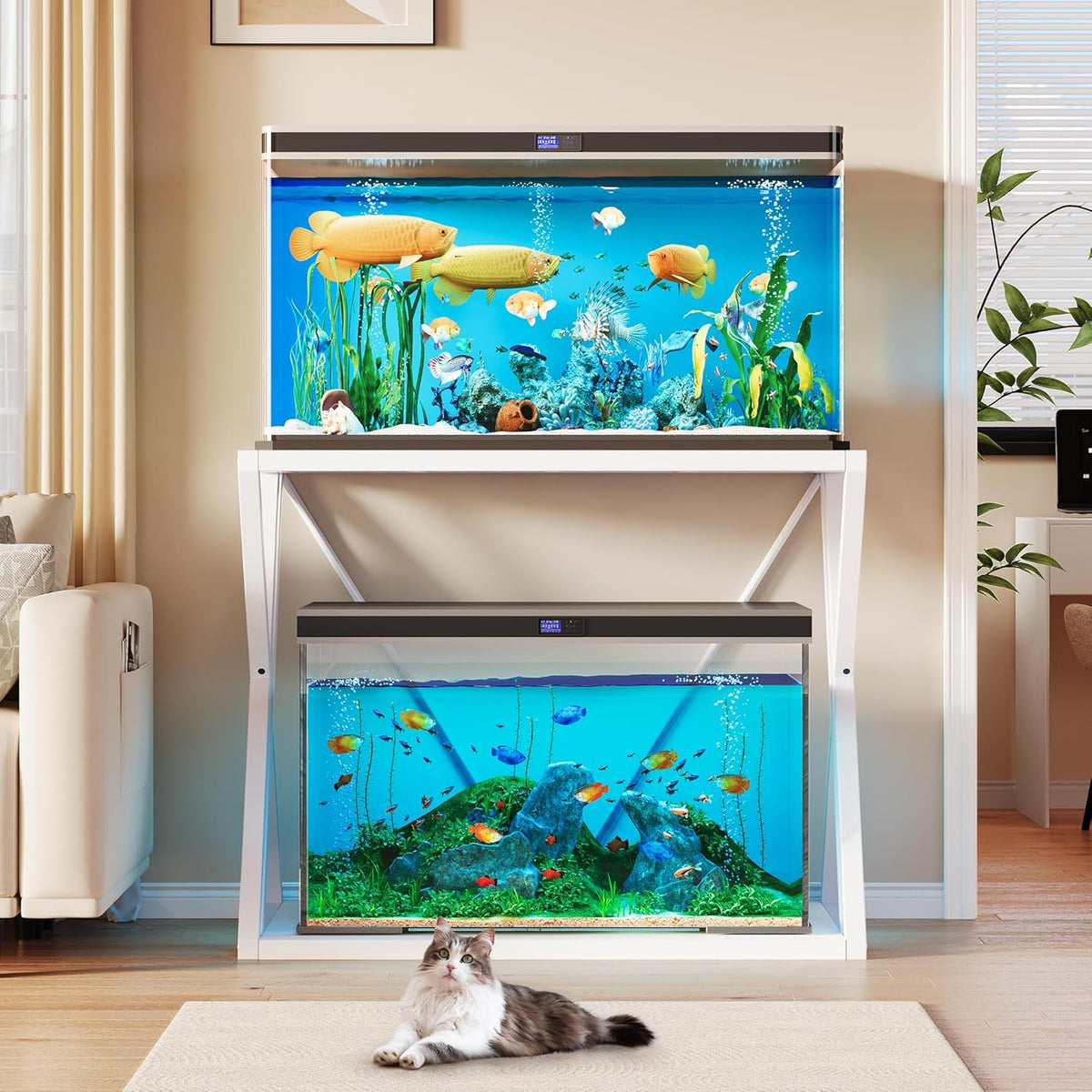 YITAHOME 10-40 Gallon Fish Tank Stand, Double-Layer Metal Aquarium Stand for Reptile Turtle Terrarium Breeder, White