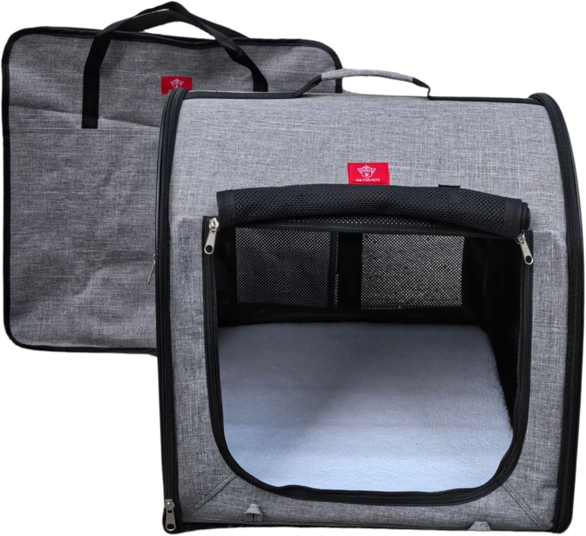 Fabric Portable Pet Kennel/Shelter, Single, Gray, 20"x20"x19.5" - Car Seat-Belt Fixture Included
