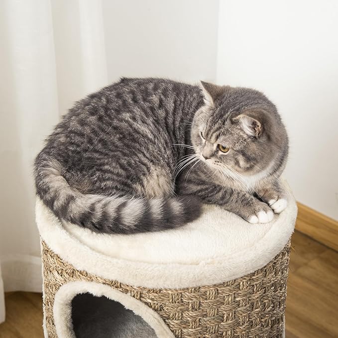 PawHut 28 Inch Cat Condo, 3 Story Cat Hideaway with Sisal Scratching Pad, Barrel Shaped Small Cat Tree for Indoor Cats, Khaki and Brown