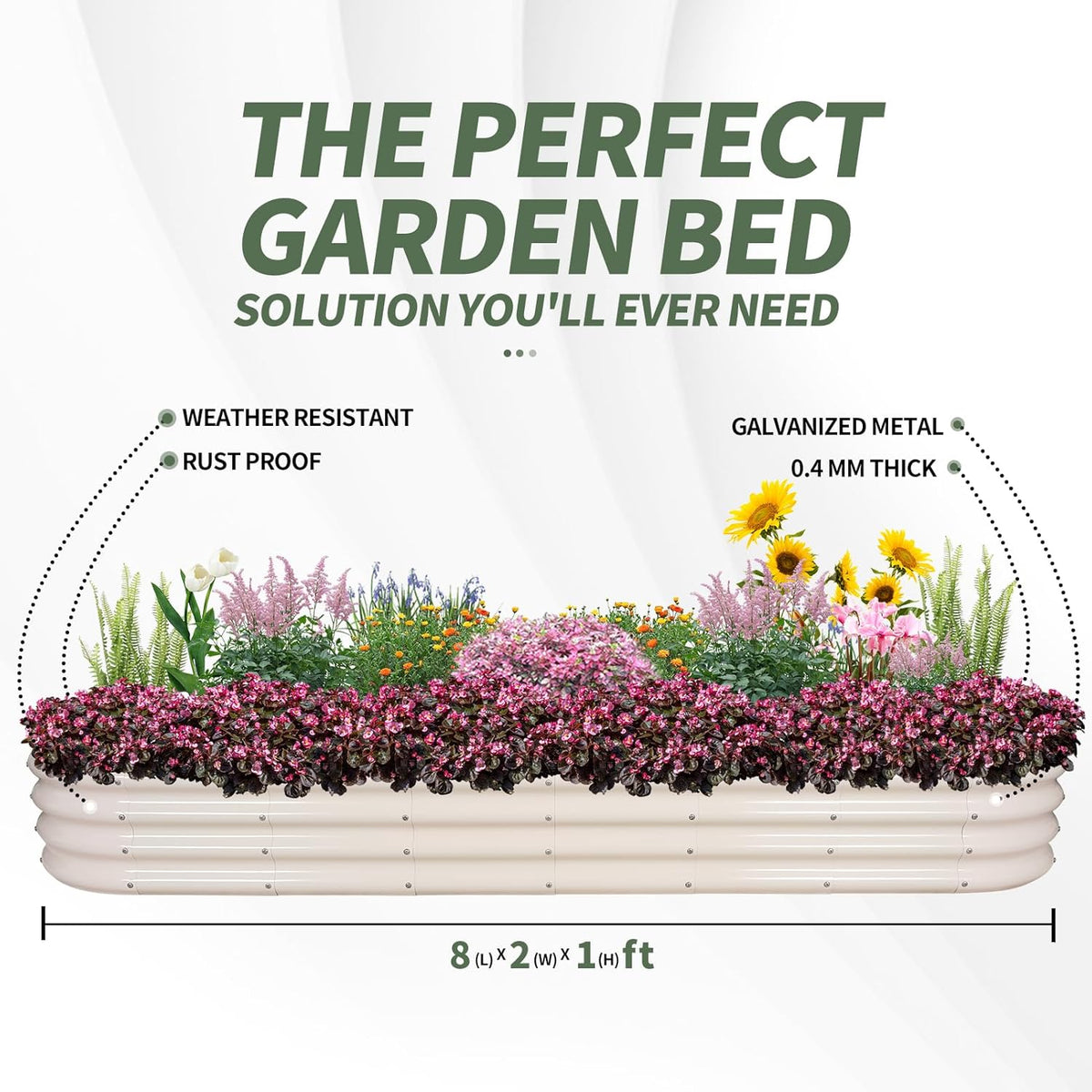1MORE Galvanized Raised Garden Bed- Planter Garden Boxes Outdoor, Raised Beds for Gardening, 8x2x1ft Metal Garden Bed Kit for Vegetables Flower, Planter Raised Beds with Protective Tape & Tools.White