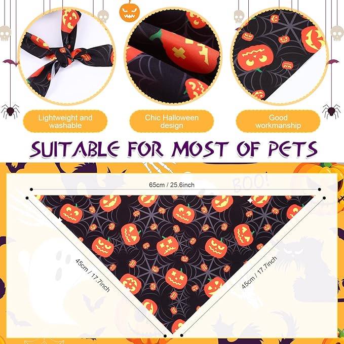 Abbylike 200 Pcs Halloween Dog Bandanas Bulk Pumpkin Bandanas for Dogs Pets Triangle Kerchief Bibs Scarf for Halloween Costume Photo Props Accessories Pet Shops Adoption Events Groomers, 25 Styles