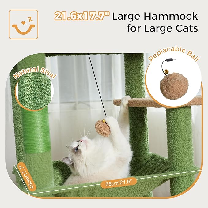 72” Cat Tree for Large Cats Big Cat Tower with Enlarged Hammock 21.6x17.7” Spacious Cats Condo House and Roomy Top Bed and Multiple Scratch Posts for Indoor Adult Cats (Green, XLarge-72)