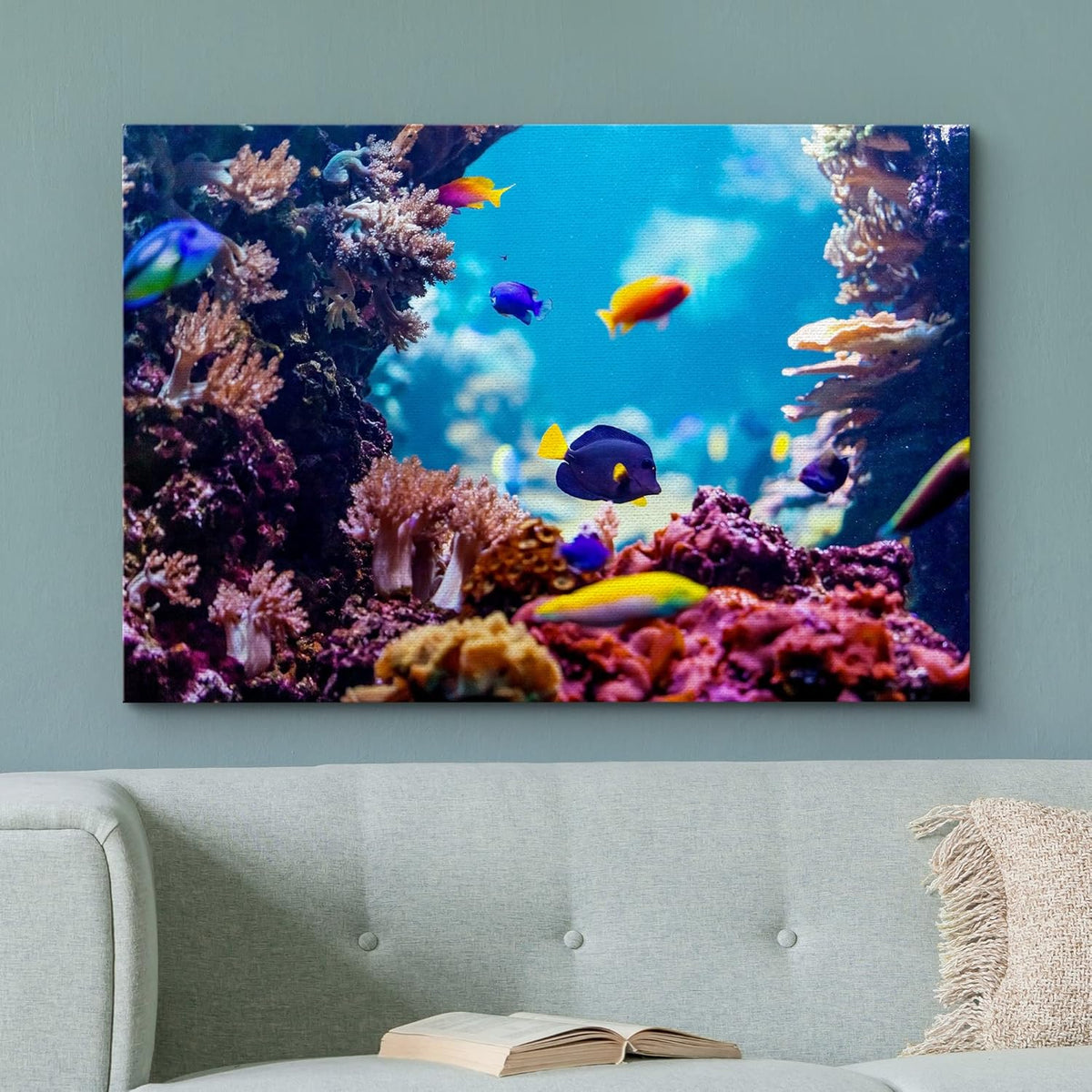 wall26 Canvas Print Wall Art Vibrant Blue Pink Coral Reef Blue Hippo Tang Nature Animals Photography Realism Rustic Scenic Landscape Wilderness Colorful for Living Room, Bedroom, Office - 32"x48"