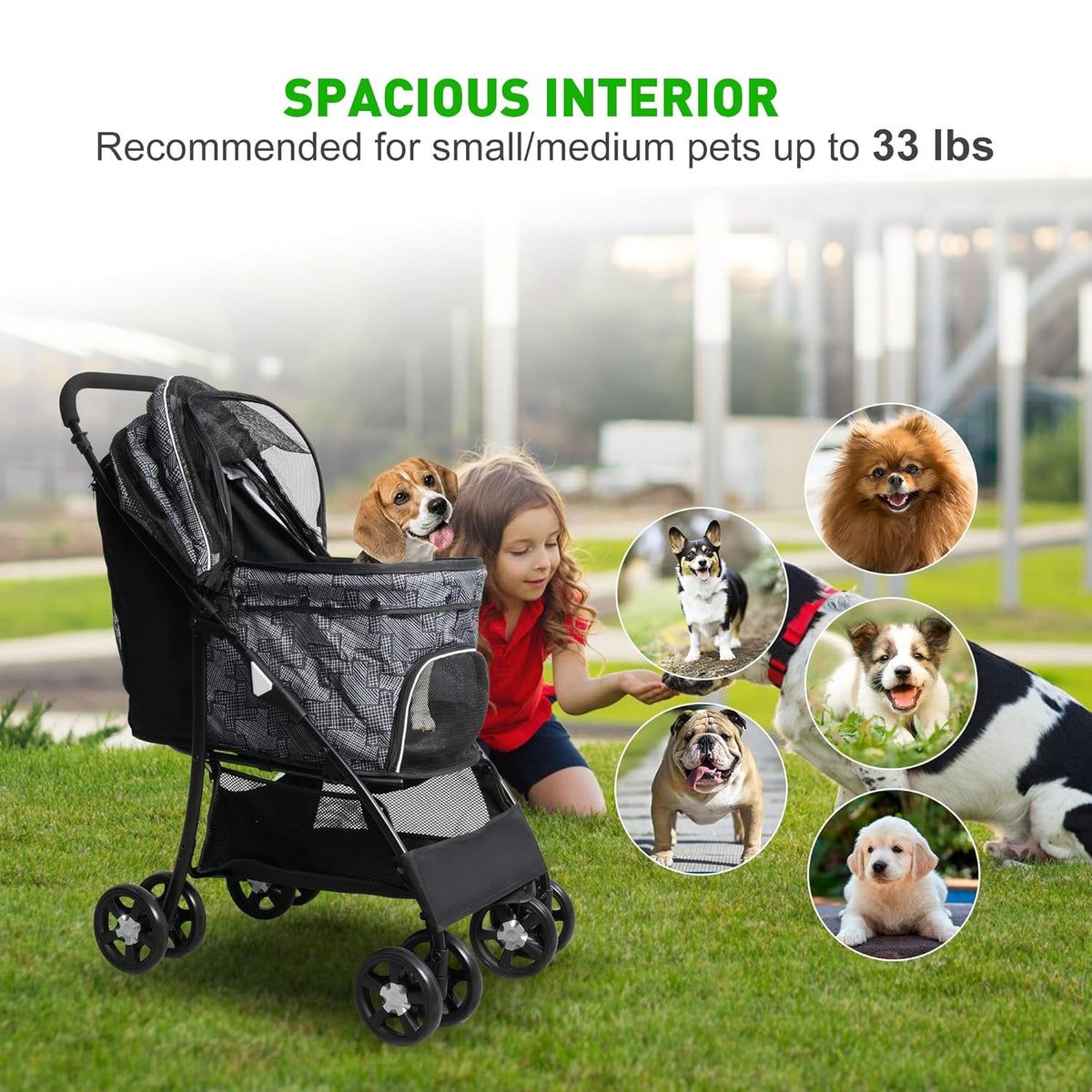 Lightweight Pet Stroller for Small/Medium Dogs and Cats - Foldable Travel Carriage with Storage Basket, Breathable Mesh & 4 Wheels - Up to 33 lbs – Black