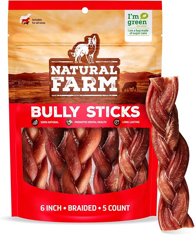 Natural Farm Odor-Free Braided Bully Sticks (6 Inch, 5 Pack) - 100% Grass-Fed Beef, Grain-Free, Low Fat & Fully Digestible Best Dental Treats - Safest Long Lasting Pizzle Chews to Keep Your Dog Busy