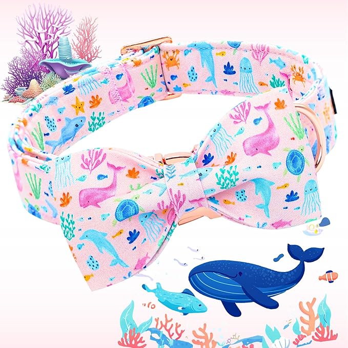 Lionheart glory Dog Bow Collar Sea Animals Print Pink Dog Collar for Large Dogs,Female Male Dog Collars with Bowtie Spring Summer Collars Soft Adjustable Pet Collar Bows