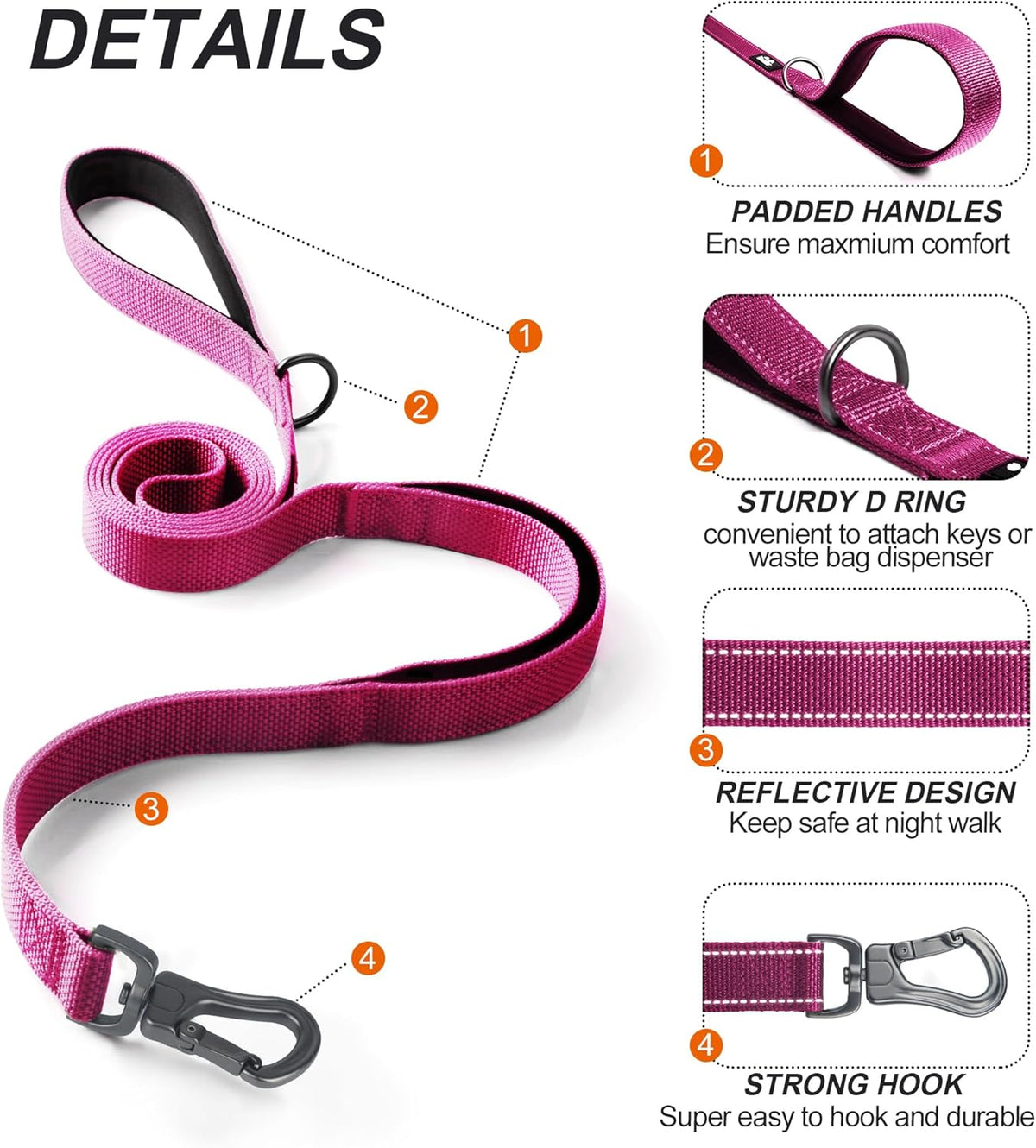 TwoEar 5FT 1IN Strong Rose Dog Leash with 2 Padded Handles, Traffic Handle Extra Control, Comfortable Soft Dual Handle, Auto Lock Hook, Reflective Walking Lead for Small Medium and Large Dogs