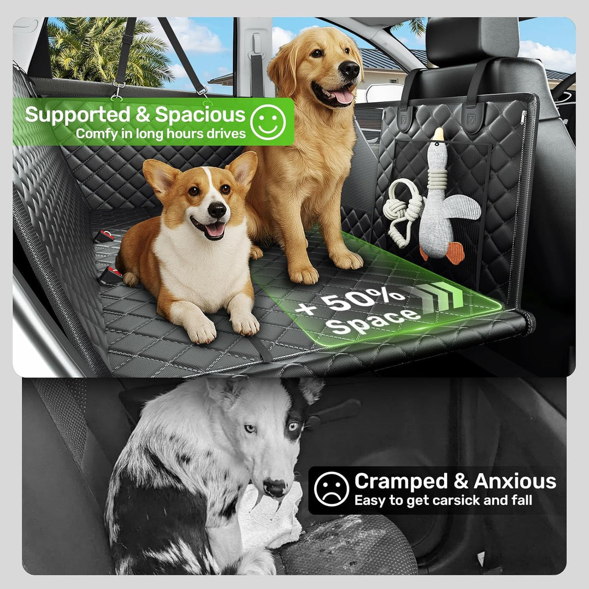 Zanch 2025 Upgraded Dog Car Seat Cover, 400 lbs Heavy Duty Hard Bottom, Waterproof & Anti-Scratch Back Seat Protector, Nonslip Pet Hammock Extender for Cars, SUV, Trucks, Standard-Black