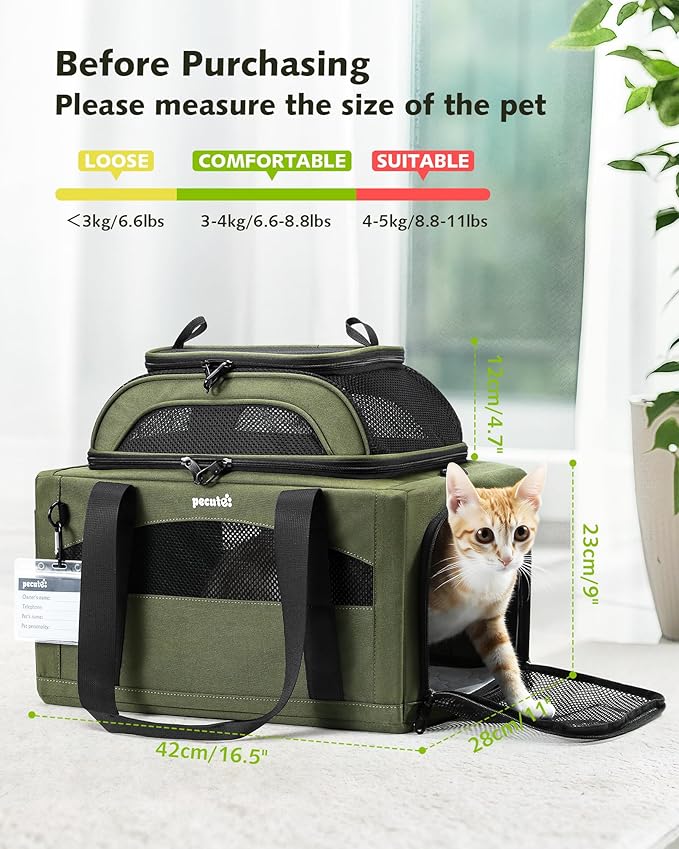 Pecute Expandable Pet Carrier Airline Approved Dog Cat Carrier, Breathable Soft-Sided with Locking Zippers, Pet Travel Bag for Small Dog Cat Anti-Scratch Mesh Leakproof Pee Pad (Dark Green)