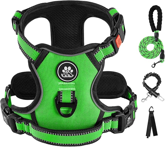 IVY&LANE No Pull Dog Harness for Medium Dogs, Dog Vest Harness with Leash, Safety Belt and Storage Strap, Fully Adjustable Harness, 360° Reflective Strip, Soft Handle (Green,M)