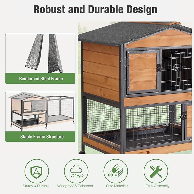 Indoor Rabbit Hutch with Metal Frame & Pull-Out Tray - Spacious Cage with Exercise Run Area for Rabbits (Orange, L)