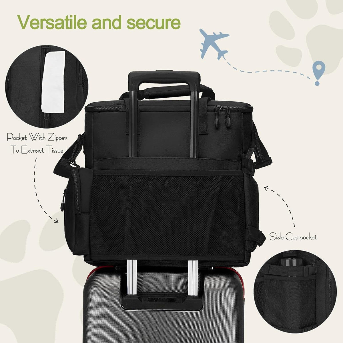Dog Travel Bag,Weekend Pet Travel Bag Set for Dog and Cat,Airline Approved Tote Multi-Function Dog Bags for Traveling,Include 2 Collapsible Bowls,2 Food Storage Containers,1 Feeding Mat,Black