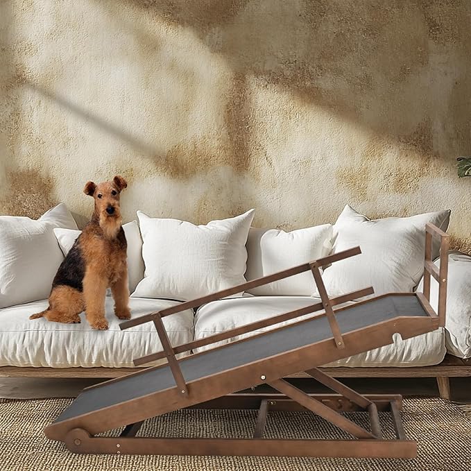 Dog Ramp for Bed, 5 Level Adjustable Dog Ramp for High Beds, Upgrade Rubber Mat High Traction Ramp with Safety Rails, Folding Pet Ramp for Bed, Couch,SUV, Natural Wood Pet Ramp for Small & Old Dogs