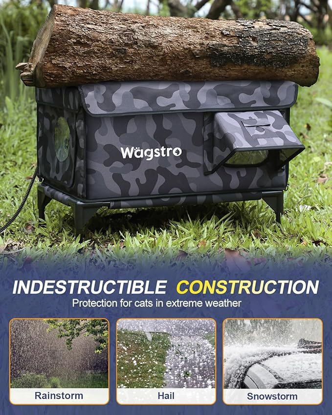 Heated Cat House for Outside, Insulated Weatherproof Heated Outdoor Cat House with Waterproof Eaves & Escape Door, Elevated Outdoor Cat Shelter for Feral Stray Cat (Black Camo, 25.6"x16.5"x18")