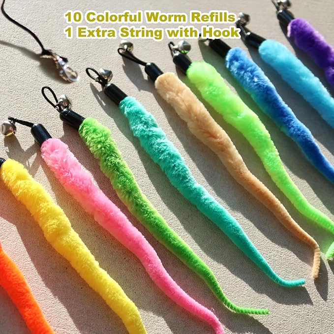10PCS Cat Worm Toy for Cats, Cat Wand Toy Accessories, Cat Feather Toy Attachments Replacements, and 1PC Black String for Cat Fishing Pole Toy, Assorted Worm Cat Toy Teaser for Indoor Cats Kitten